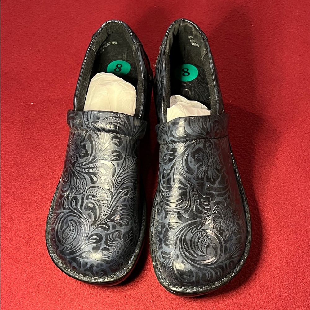 b.o.c. Black Embossed Leather Slip-On Clogs 8M